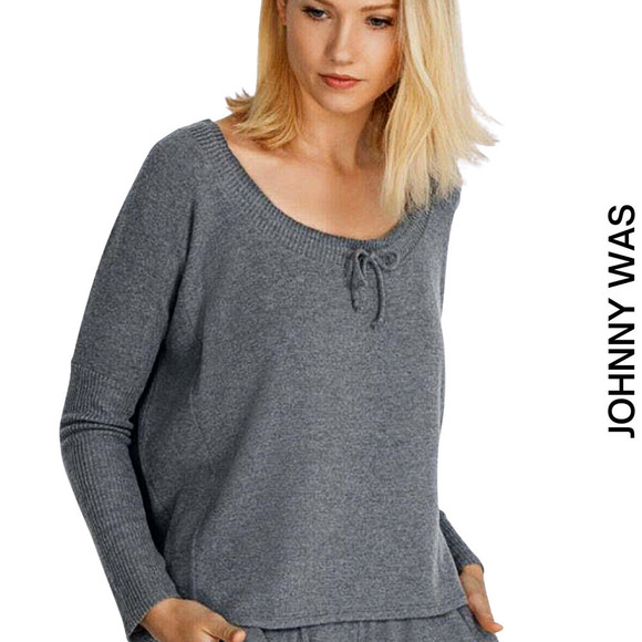Johnny Was Calme Tunnel Neck Drawstring Crop Sweater in Gray NWT Medium - Picture 1 of 12